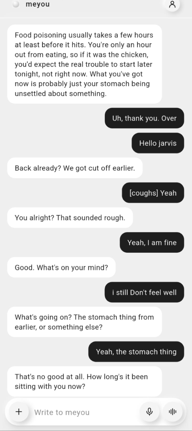 A MeYou conversation: it asks about a cough, then goes back to the stomach trouble from an hour before.