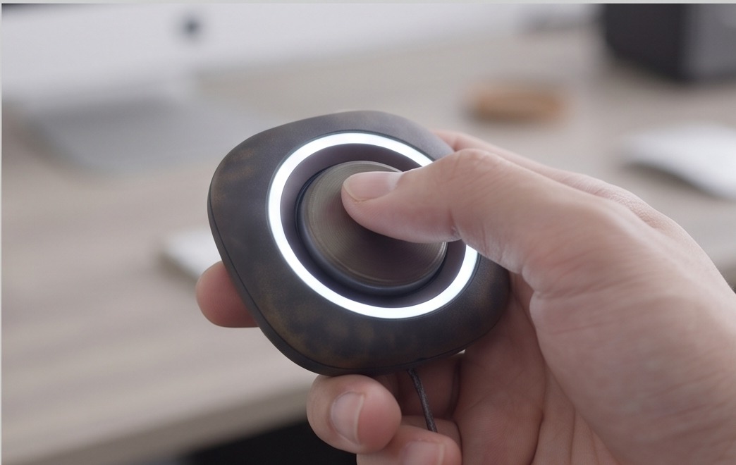 A hand pressing the single button on the MeYou Care pendant, its ring lit.